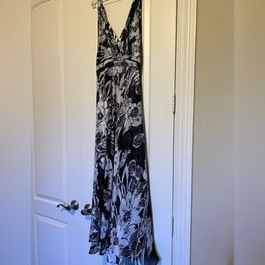 White House Black Market B&W abstract floral Print Dress with open back, halter